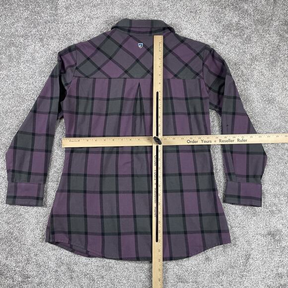 Kuhl Flannel Shirt Womens Small 1/2 Button Pockets Plaid Purple Outdoors - Picture 10 of 15